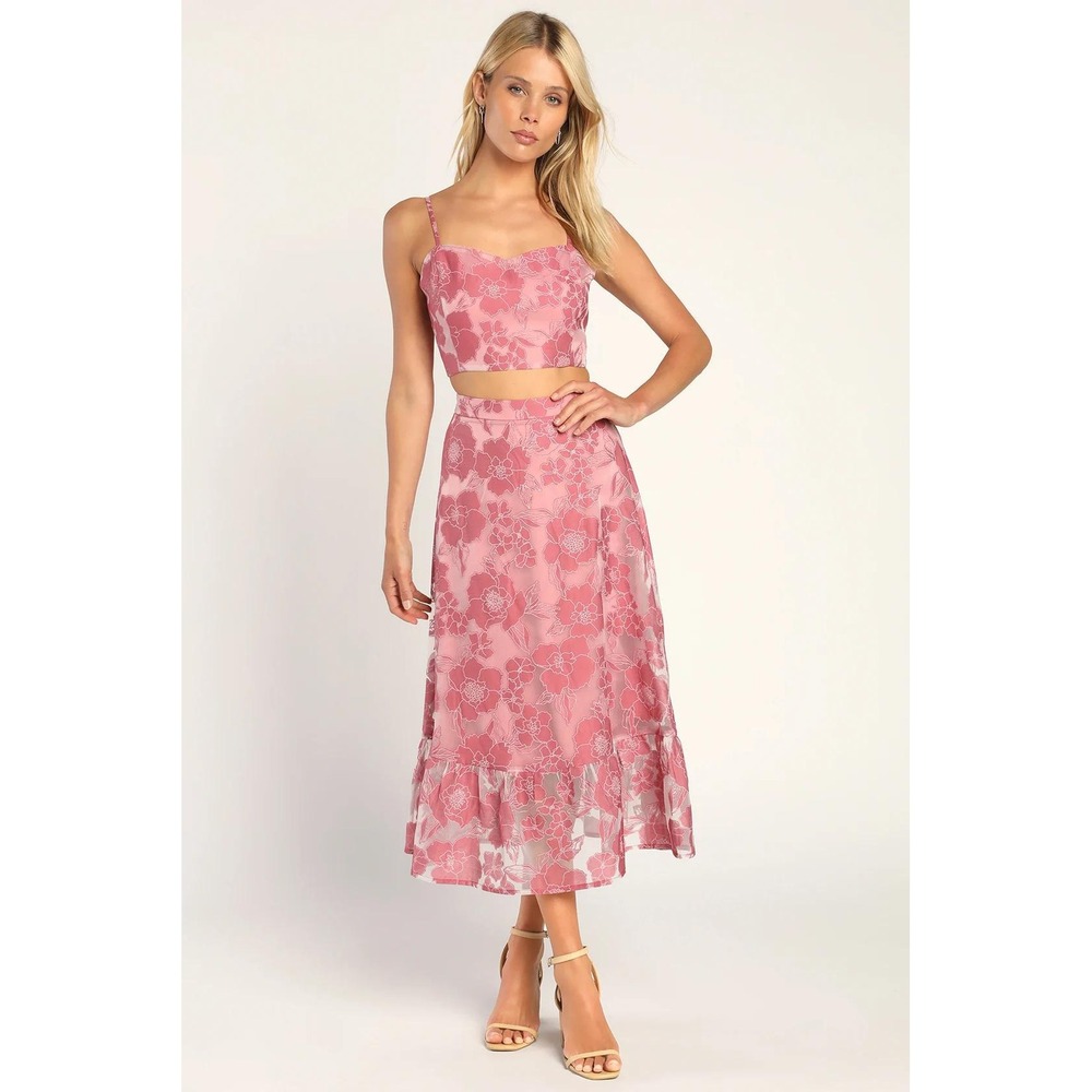 Lulu's Mauve Pink Burnout Floral Two-Piece Midi Dress Small Cottagecore